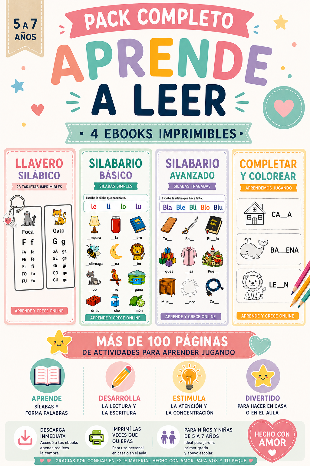 📚 Pack Completo Aprende a Leer | 4 Ebooks Imprimibles (5 a 7 años)